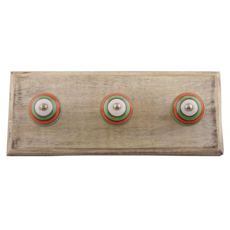 Pea Green Striped Ceramic Wooden Hooks